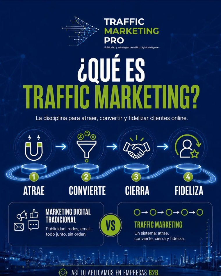 Infografía: que es Traffic Marketing — atrae, convierte, cierra y fideliza